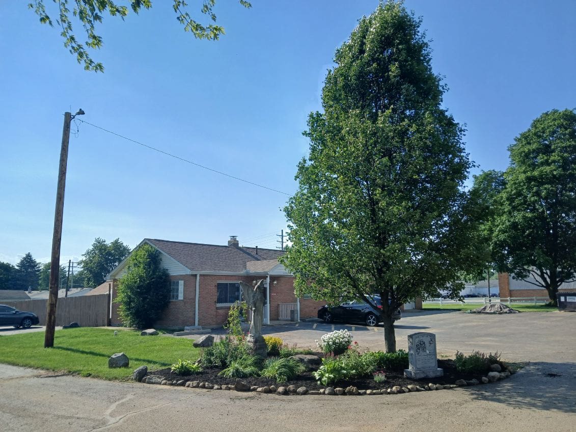 A tree in front of a house with a garden.